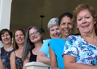 Longtime DCRI staffers Mary Ann Sellers, Joanne Ruddy, Kathleen Trollinger, Cathy Martz, Beth Fraulo, and Kim Brown visit with each other.