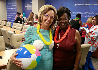 Patsy Clifton celebrating her retirement, with Arnetta Davis, in 2015. Patsy had been at Duke for nearly 40 years.