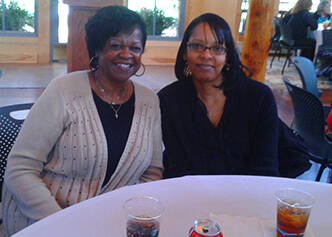 Arnetta Davis and Regina McNair catching up during the 2013 Administrative Professionals Day celebration at Duke Gardens.