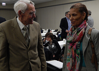 Bob Jones and Patrice Desvigne-Nickens chat during a STICHES investigator meeting.