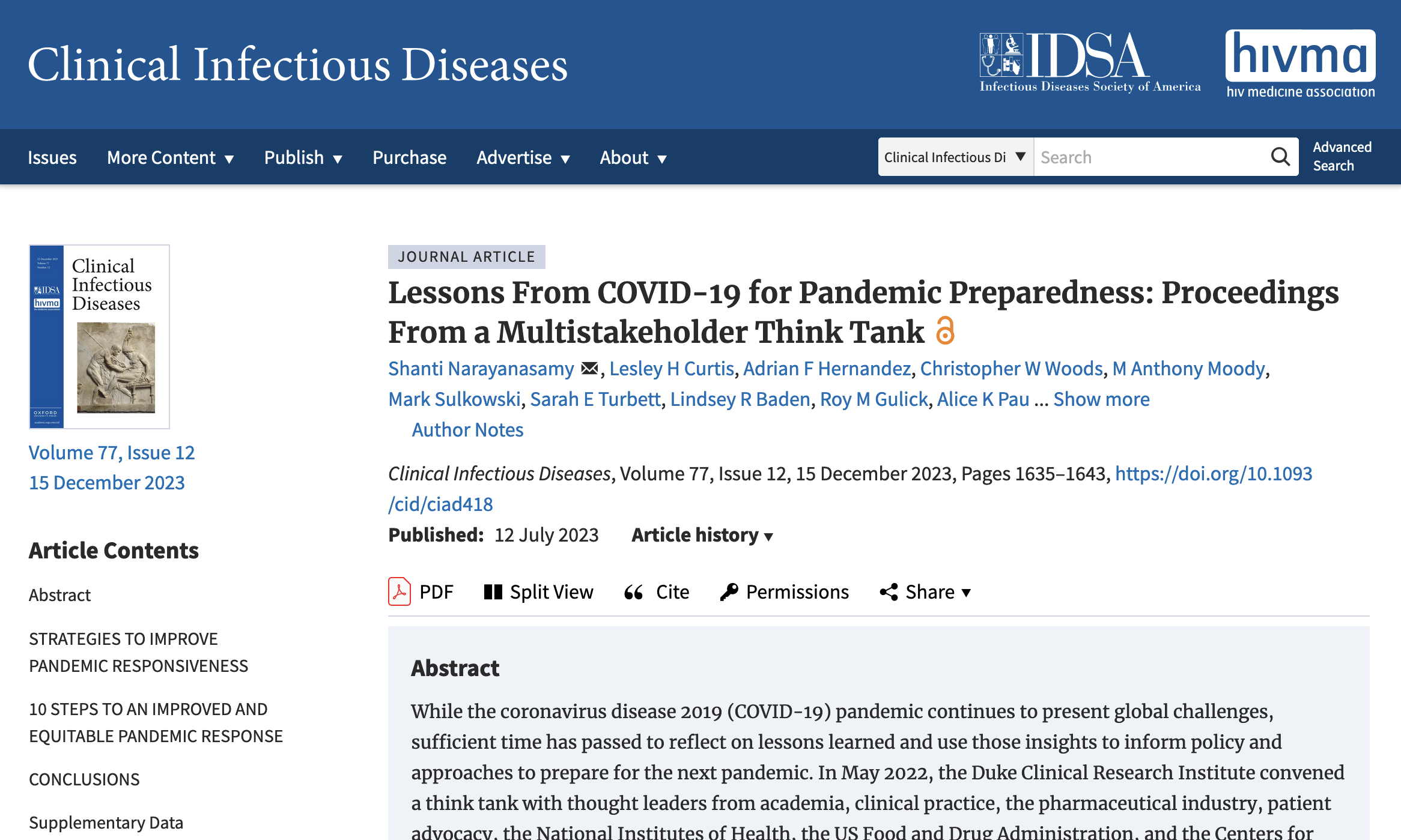 A screenshot showing a publication in Clinical Infectious Diseases