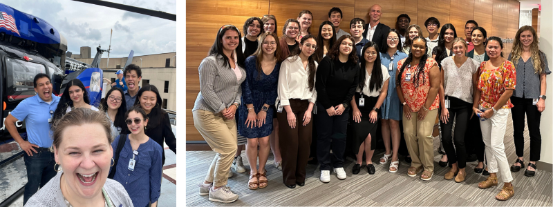 Two photos: The first shows STAR Program 2024 students smiling, laughing, and posing in front of the Duke Life Flight helicopter. The second image shows the participants, leaders, and mentors of the program posing together for a large group photograph.