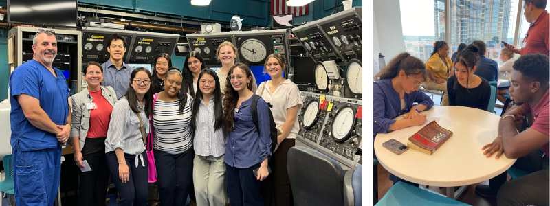 Two images: The first shows members of the Duke 2024 STAR Program cohort posing in front of the the control center for Duke's hyperbaric lab. The second image shows three students sitting at a table collaborating on a group project while their fellow students do the same behind them in the DCRI breakroom.