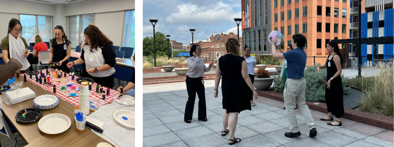 Two photos: The first photo shows three of the 2024 Duke STAR Program students wearing plastic bibs while they look at the paint options available to them for a creativity building exercise. The second photos shows five students standing in a circle on the Durham Centre patio tossing an iridescent ball back and forth.