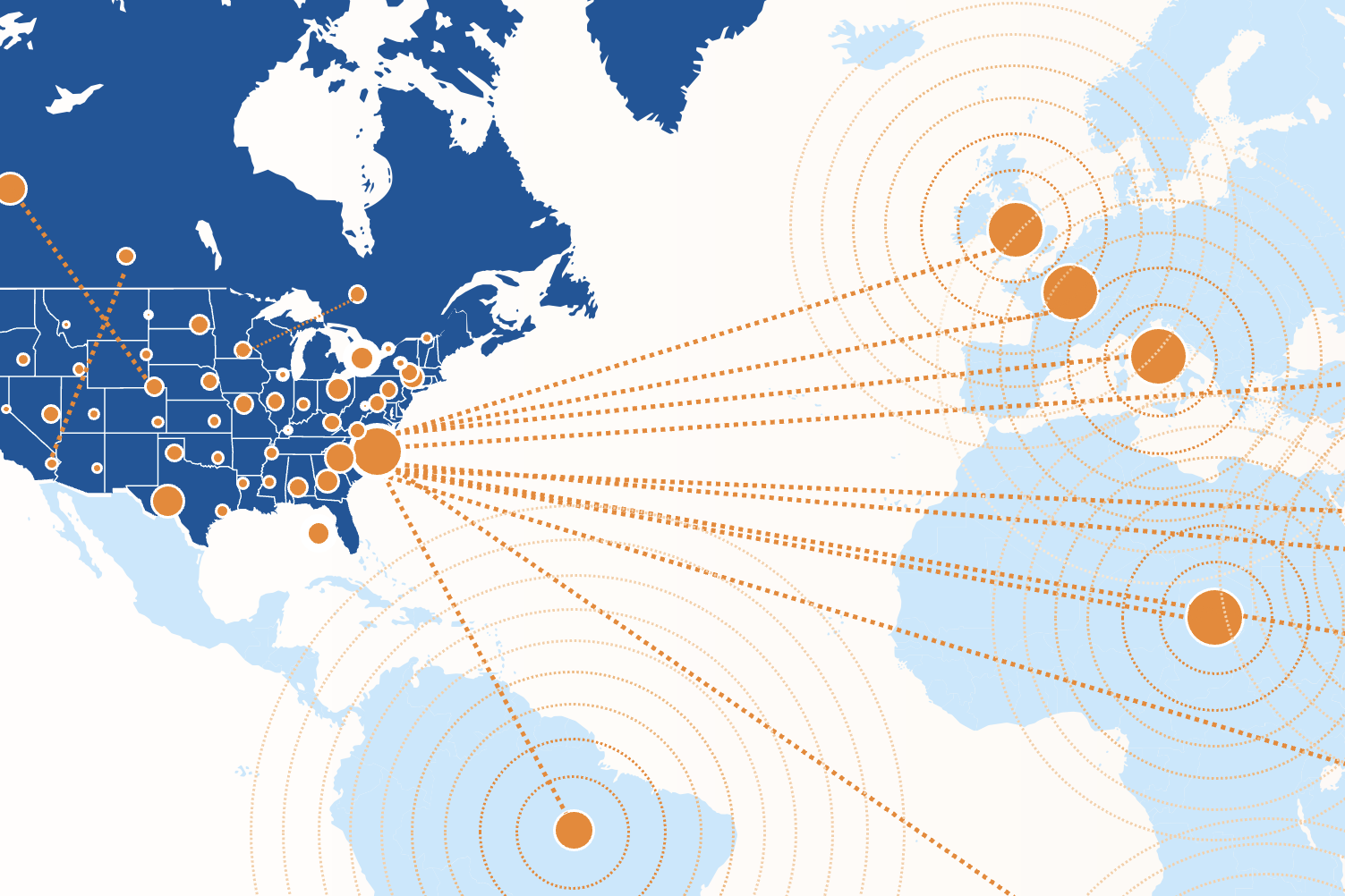 Screenshot of a world map that uses orange circles to indicate the DCRI's multiple site partners and global reach.