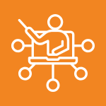 An icon in an orange square showing a single person holding a teaching stick while speaking from a laptop to signify additional training opportunities.