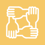 An icon in a yellow square of four hands holding onto one another at the wrist to signify support.