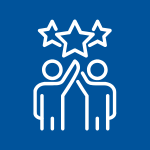 An icon in a blue box of two people high-fiving one another with stars overhead to signify mentorship.