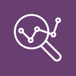 An icon in a purple box showing a magnify glass with a data chart in the middle to signify research.