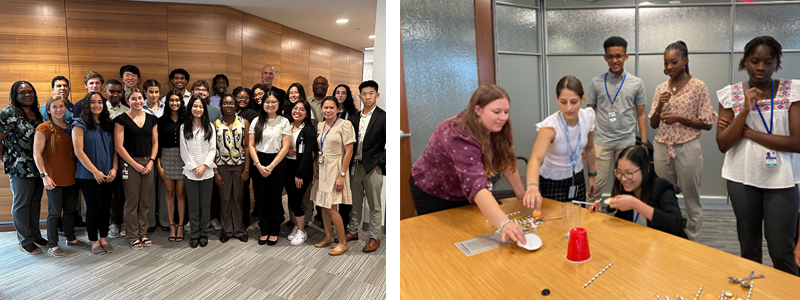 Two images: Image one is a group shot of a past STAR Program cohort; Image two shows five students engaged in a team building engineering activity.