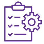 Purple illustration of a clipboard with checkmarks and a cog symbolizing resources