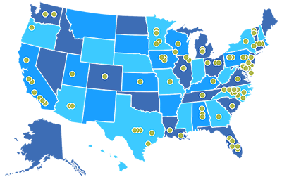 A map of the US with green dots representing the vast DCRI Respiratory Medicine site network.