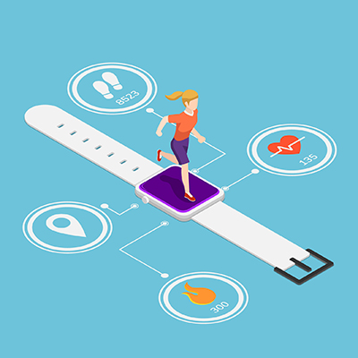 Woman running on smartwatch with heart rate monitors, counting calories, count steps and GPS technolog function.