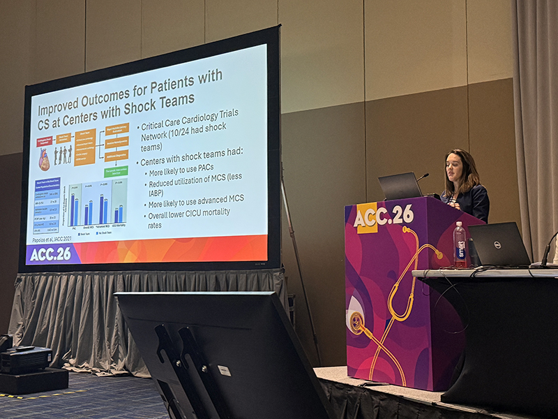 Jennifer Rymer stands at a podium as she debates the value of shock teams.