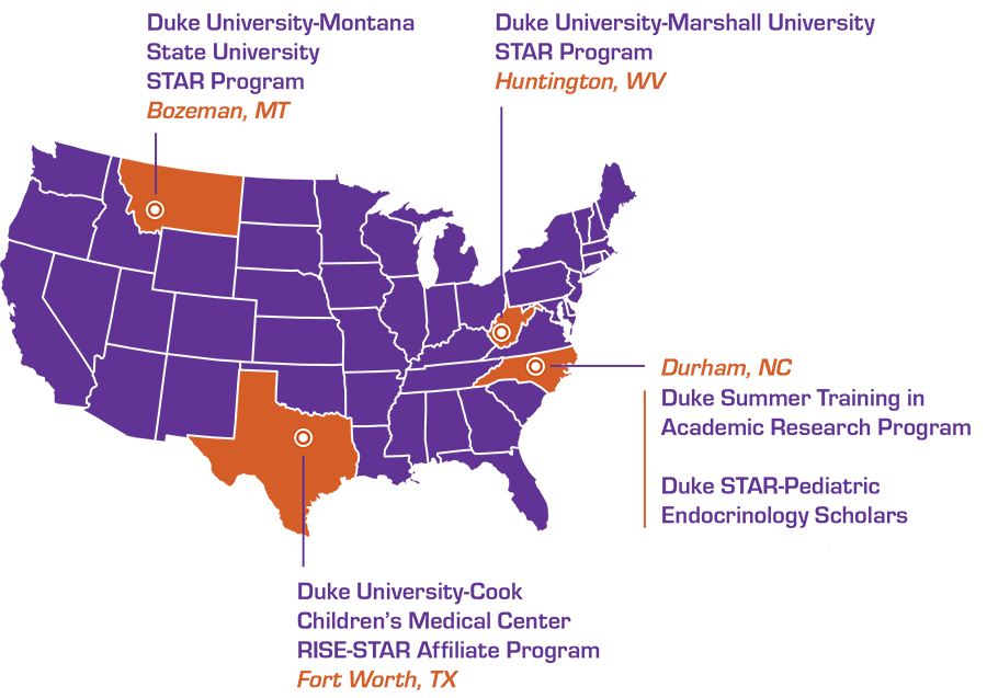 Stylized map graphic with a purple background and orange shapes representing separate geographic regions. Thin orange connector lines link the regions, including a cluster of shapes near the center-right and larger shapes toward the left side of the image. The design conveys connections among multiple sites, locations, or participating regions within a broader network.
