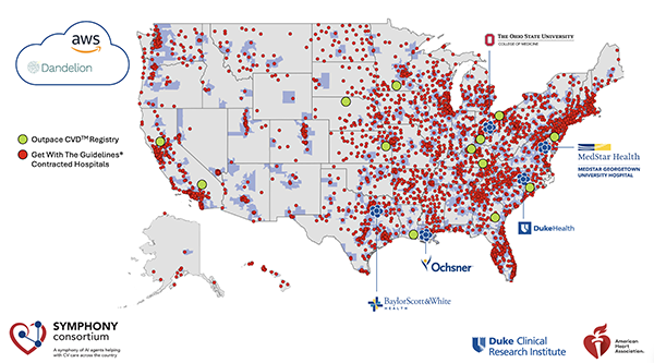 United States map showing the national footprint of the Symphony Consortium cardiovascular care network, including registry sites, contracted hospitals, and participating health systems across the country.