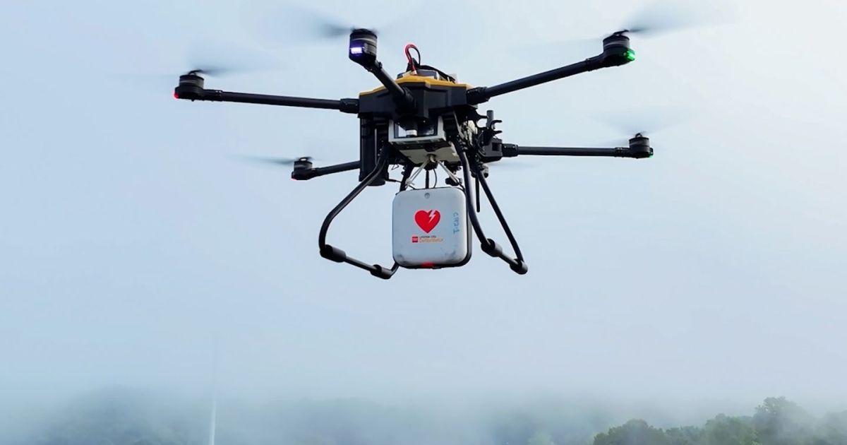 A drone carries an AED device.