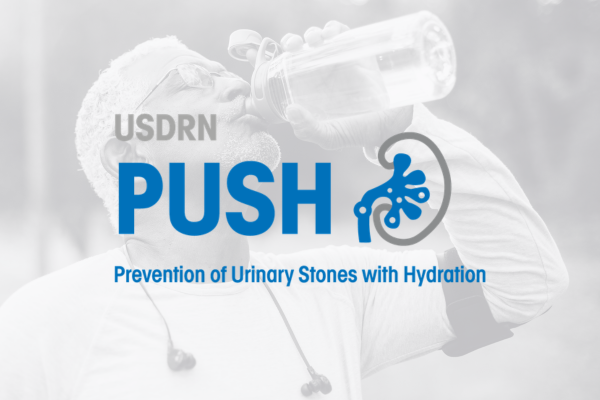 The grayed out background image shows a man drinking from his water bottle after exercising, while the foreground of the image includes a logo for the USDRN PUSH (Prevention of Urinary Stones with Hydration) study.
