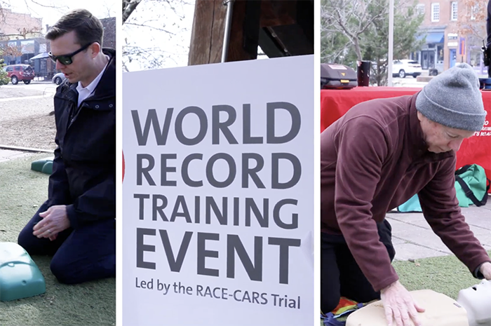 Video screenshot of three images showing two men performing practice CPR, and a middle panel that reads World Record Training Event.