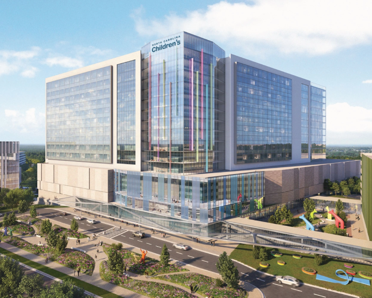 An artist's rendering of the NC Children's Hospital, he state’s first freestanding children’s hospital, which is planning to break ground on its Apex, N.C., campus in 2027.