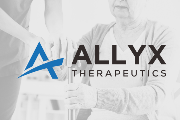 Allyx Therapeutics logo over a faded image of a nurse holding the hands of a senior patient.