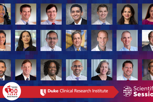 A graphic featuring portraits of DCRI faculty participating in AHA 2024 Scientific Sessions. 