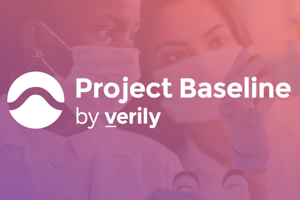 The Project Baseline by verily logo in white is set against a pink background with a faded image of two lab assistants examining a test tube.