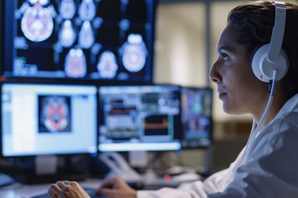 A clinician sits in a dark room wearing headphones as she examines imaging reports.