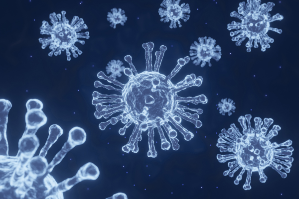 A dark blue background with lighter blue COVID-19 particles