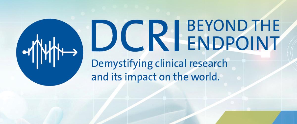 Logo of DCRI's Beyond the Endpoint podcast which shows a blue circle with an audio wave and an arrow following the highs and lows of the audio wave before going "beyond the end point."