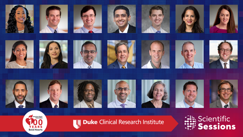 A graphic featuring portraits of DCRI faculty participating in AHA 2024 Scientific Sessions. 