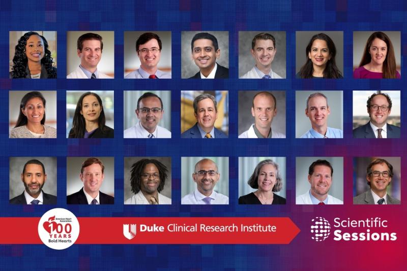 A graphic featuring portraits of DCRI faculty participating in AHA 2024 Scientific Sessions. 