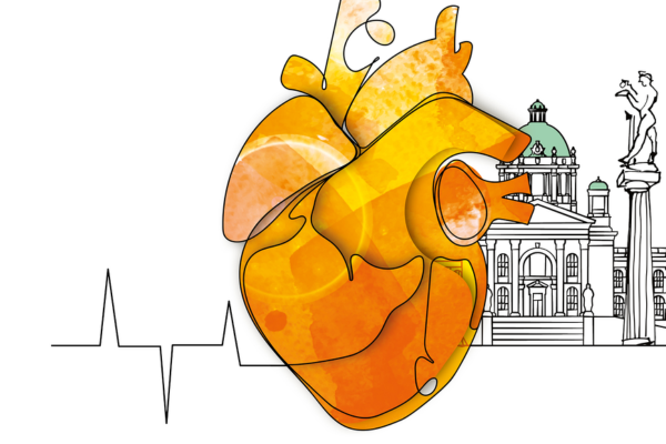 The logo for the 2025 ESC Heart Failure conference, which features an orange human heart in a watercolor style, with a pen outline of the skyline of Belgrade where the conference took place.