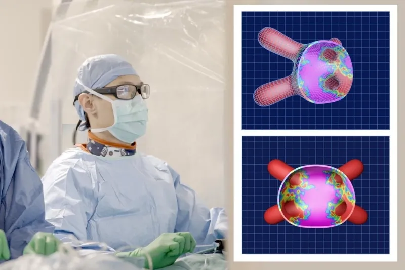Dr. Piccini is shown in a mask, scrub cap, gown, glasses and gloves, with a tool in his hand doing a procedure. Shown at right is a hologram image of the heart.