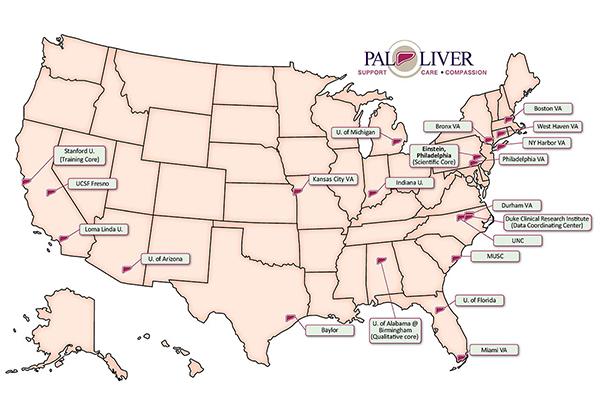 U.S. map showing the geographic network of the PAL-LIVER trial.