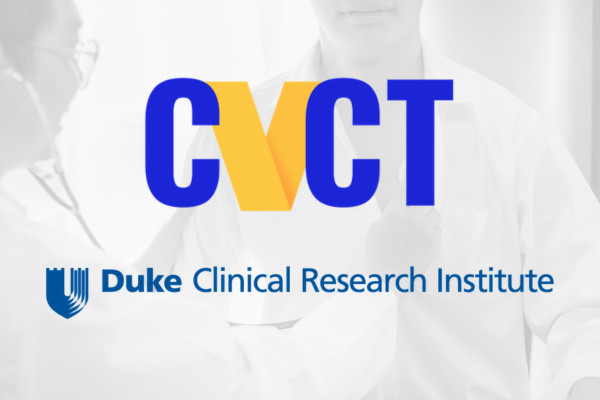 The background of the image shows a doctor with a stethoscope listening to a patient's heart beat, while the foreground contains the logos of the DCRI and CVCT.