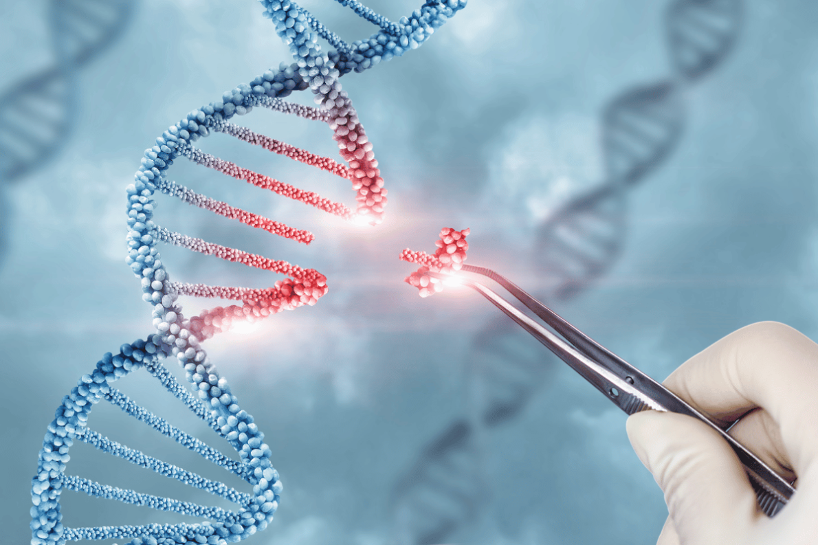 llustration of a gloved hand using tweezers to remove a red segment from a blue DNA double helix