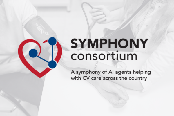 Symphony Consortium logo featuring a red heart outline combined with blue connected nodes representing a network. Text reads: "SYMPHONY consortium" and "A symphony of AI agents helping with CV care across the country."