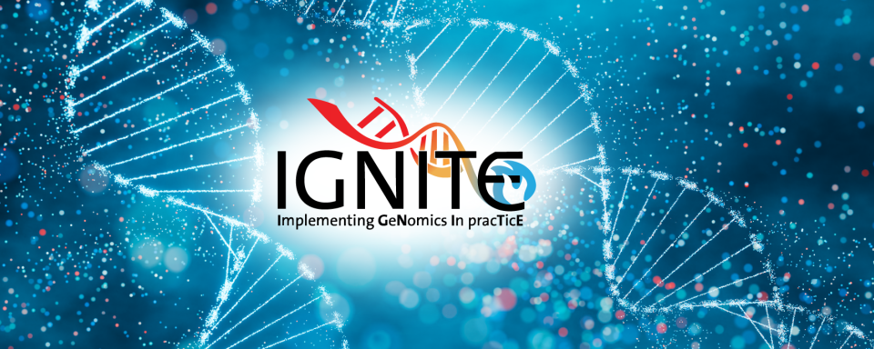IGNITE (Implementing GeNomics In pracTicE) logo centered on a blue background featuring an illuminated DNA double helix graphic.