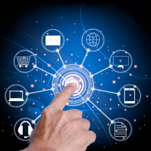 A finger presses on the center circle of an illustration of various icons representing digital channels, such as websites, phones, documents, headphones, shopping carts, etc.