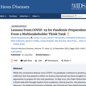 Screenshot of journal publication: Lessons From COVID-19 for Pandemic Preparedness: Proceedings From a Multistakeholder Think Tank