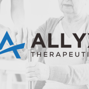 Allyx Therapeutics logo over a faded image of a nurse holding the hands of a senior patient.
