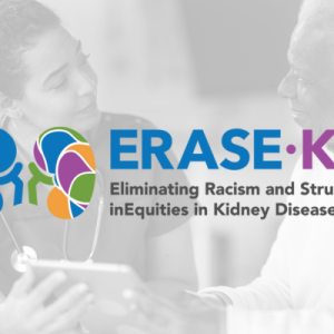 The ERASE KD Logo sits in front of a faded black and white image of a nurse speaking to an elderly gentleman.