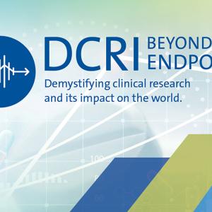 Logo for the DCRI podcast, Beyond the Endpoint which includes a blue circle with an audio wave and a stylized arrow pointing beyond the endpoint of the audio wave. Under the logo and podcast name is the tagline: Demystifying clinical research and its impact on the world.