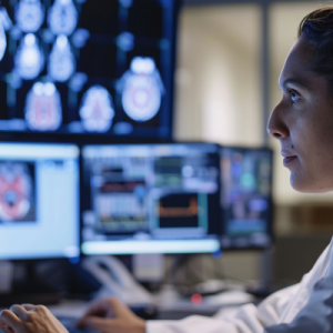 A clinician sits in a dark room wearing headphones as she examines imaging reports.