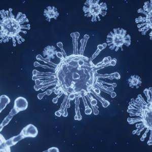 A dark blue background with lighter blue COVID-19 particles