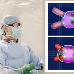 Dr. Piccini is shown in a mask, scrub cap, gown, glasses and gloves, with a tool in his hand doing a procedure. Shown at right is a hologram image of the heart. 